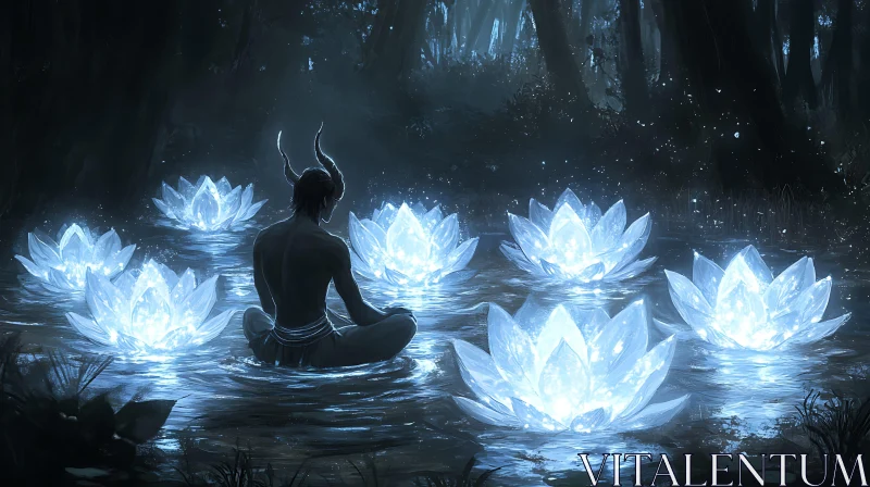 AI ART Horned Figure Meditating with Luminous Lotuses