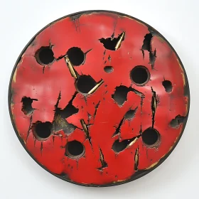 Red Metal Target with Bullet Holes