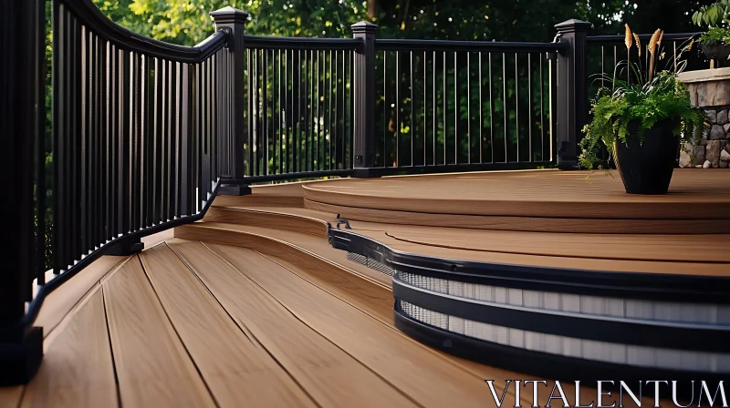 Outdoor Wooden Deck with Black Railing AI Image