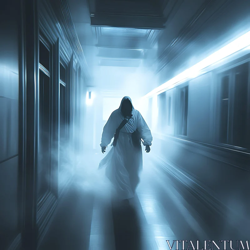 Mysterious Figure in Foggy Corridor AI Image