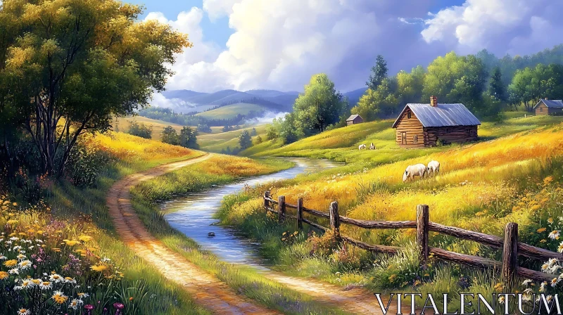 AI ART Idyllic Rural Landscape with Cabin and Stream