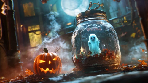 Halloween Night with Ghost and Pumpkin