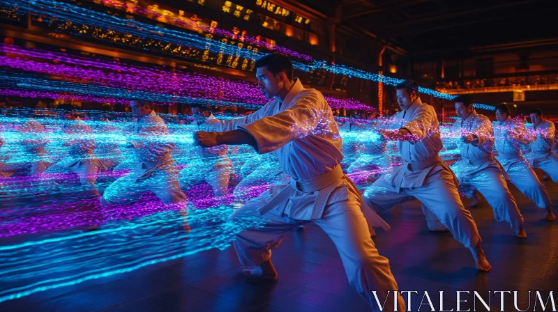 Synchronized Karate with Luminous Trails AI Image