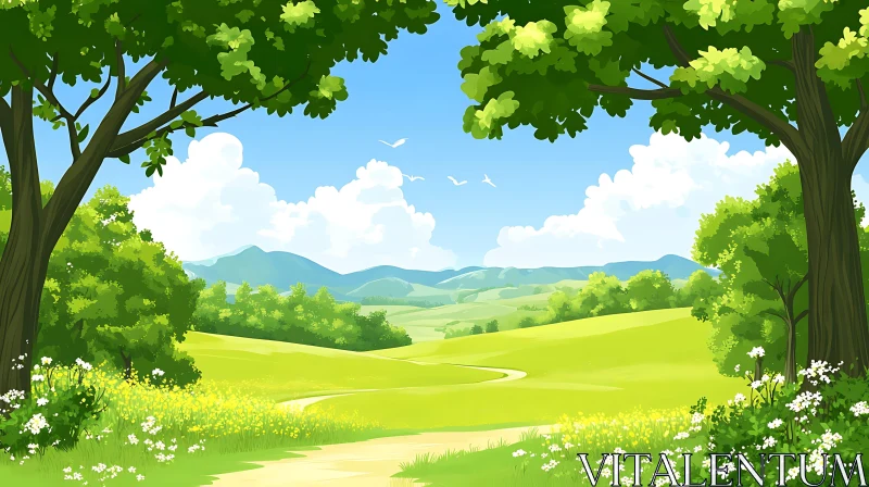 Cartoon Landscape with Meadow and Trees AI Image