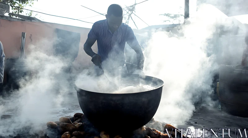 Street Cooking in Large Pot with Steam AI Image