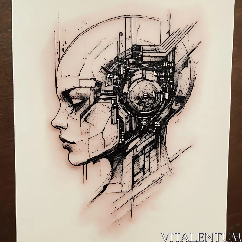 Intricate Cyborg Profile in Ink AI Image