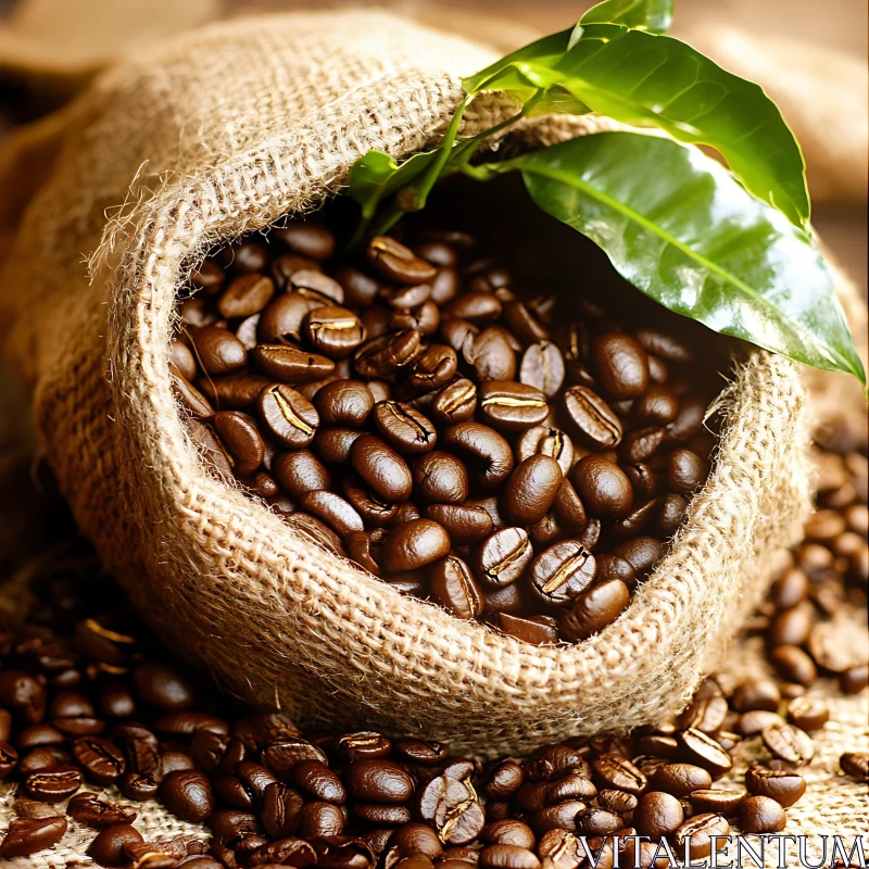 Dark Coffee Beans and Green Leaf in Burlap Sack AI Image