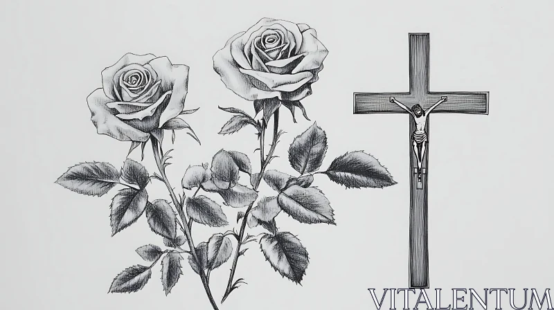 Detailed Roses and Religious Cross Drawing AI Image