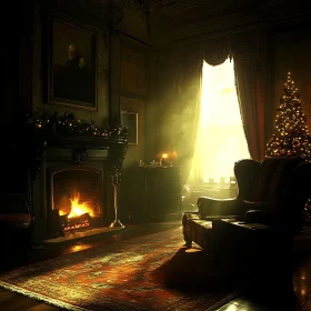 Festive Interior with Fireplace and Christmas Tree