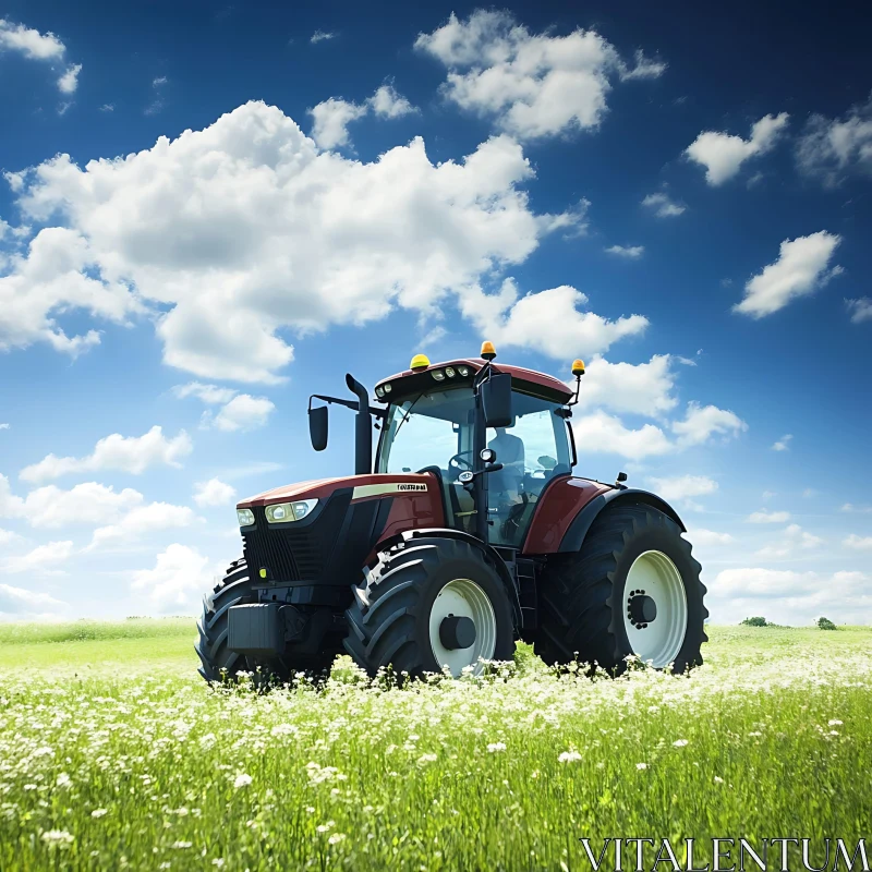 AI ART Red Tractor in Green Field