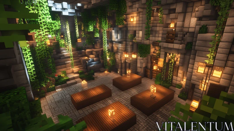 Blocky Stone Interior with Lanterns and Greenery AI Image