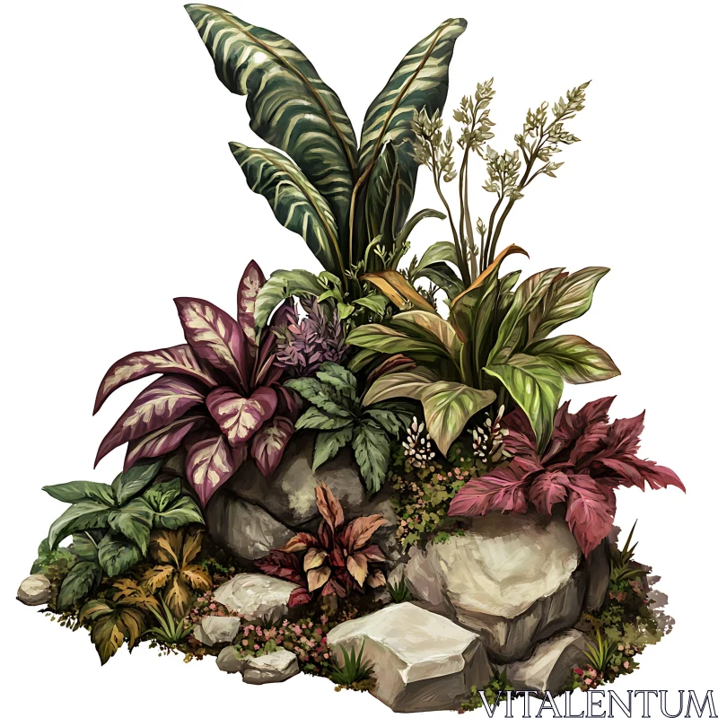 Botanical Stone Garden with Lush Plants AI Image