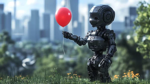 Mechanical Being with Red Balloon