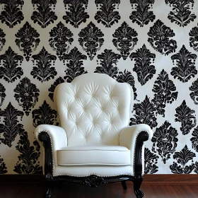 White Armchair Against Floral Wallpaper