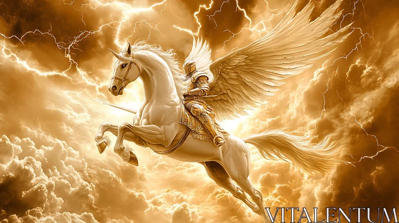 AI ART Golden Knight on Pegasus in Cloudy Sky