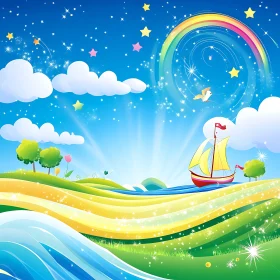 Whimsical Cartoon Seascape with Stars