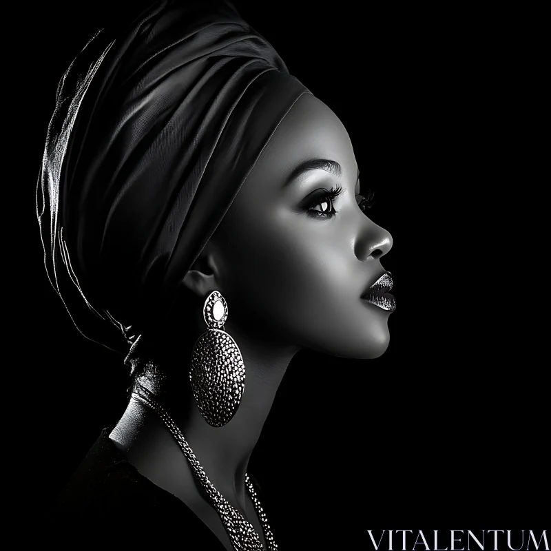 Monochrome Profile of Woman with Headwrap AI Image