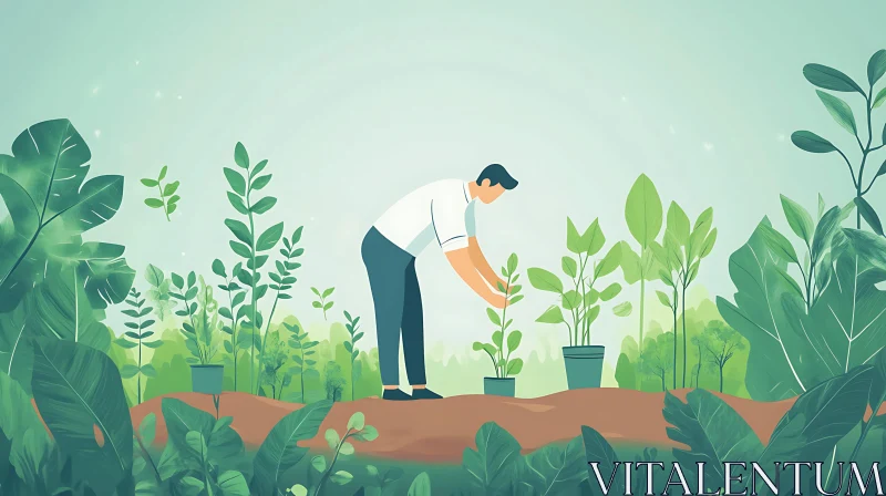 Man Planting Seedlings in Garden AI Image