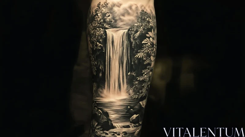 Monochromatic Waterfall Ink Art AI Image