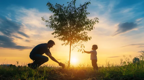 Father and Child Plant Tree Together