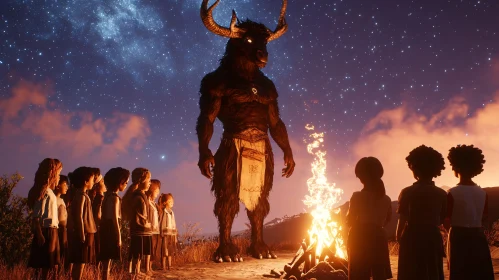 Minotaur and Children Around Campfire