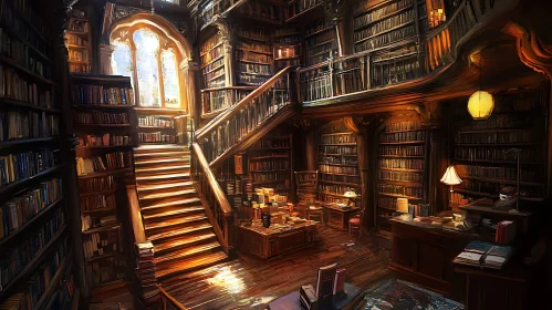 Old Library Interior with Staircase