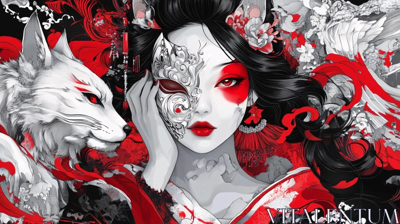 Geisha Portrait with Floral and Animal Elements AI Image