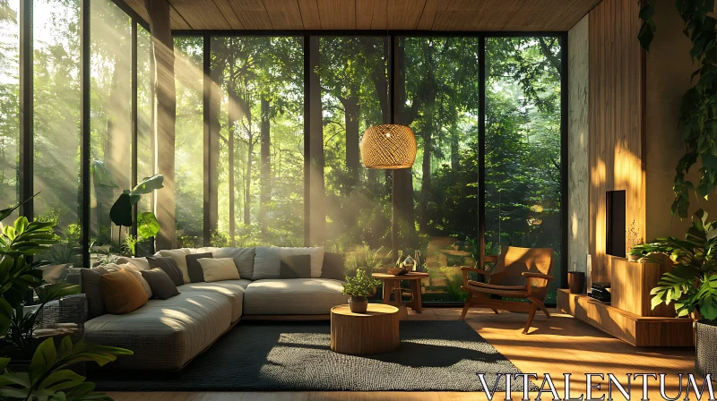 Sunlit Living Room Overlooking Forest AI Image