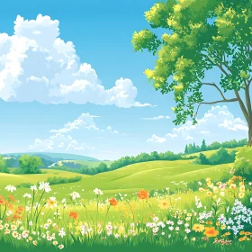 Vibrant Floral Meadow Under Blue Skies