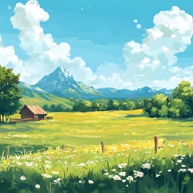 Peaceful Countryside Scene with Cabin