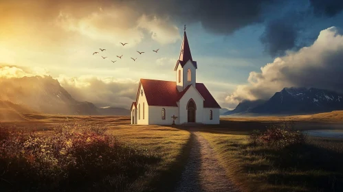 Rural Church at Sunset with Mountain Backdrop