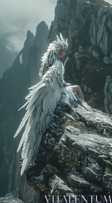 Feathered Angel Overlooking Misty Mountains AI Image