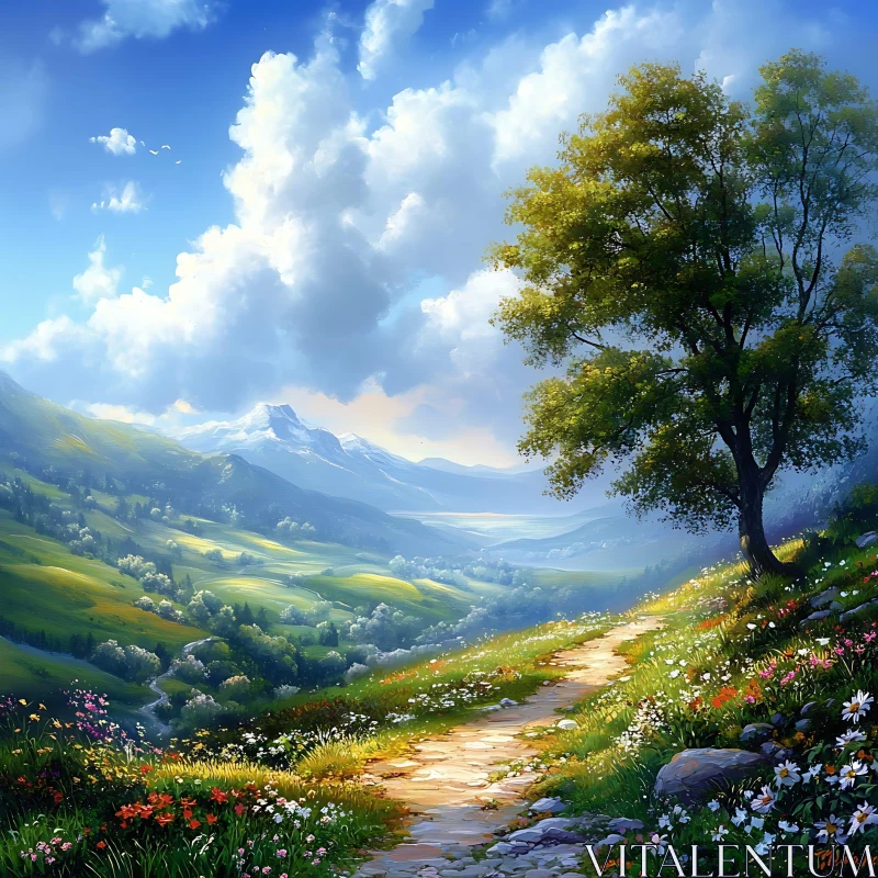 AI ART Sunlit Meadow Path with Mountain View