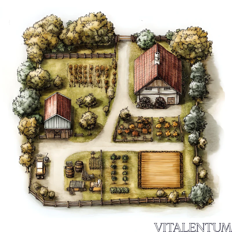 Aerial Farm Illustration: Rustic Landscape AI Image