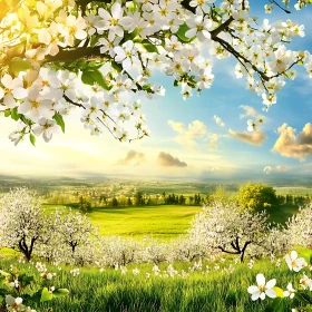 White Flowers and Green Field View