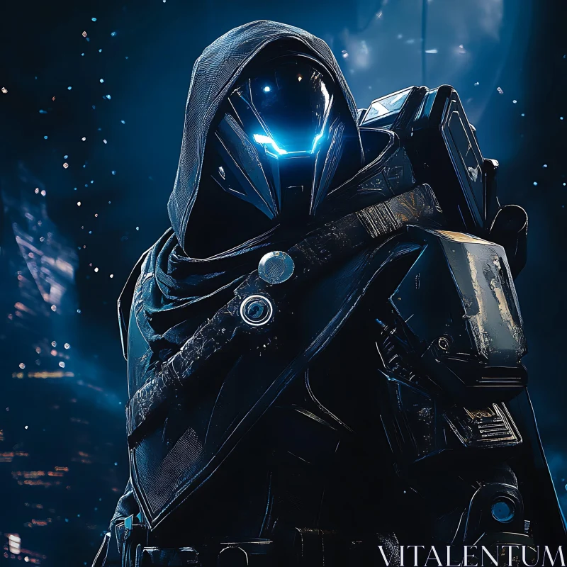 AI ART Mysterious Hooded Figure in Cyberpunk Armor