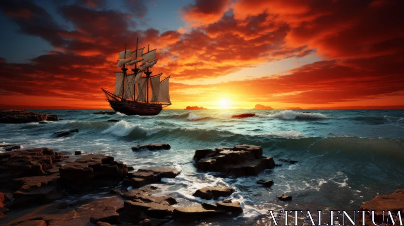 Antique Sailing Ship on Ocean Waves at Sunset - Romantic Historical Landscape AI Image