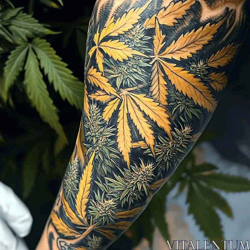 Artful Tattoo Sleeve Featuring Cannabis Leaves AI Image