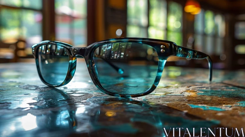 Blue Plastic Sunglasses with Tortoiseshell Pattern - Captivating Reflection AI Image