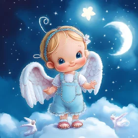 Cartoon Angel on Cloud with Moon