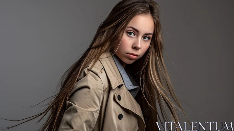 Captivating Portrait of a Young Girl in a Tan Trench Coat AI Image