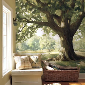 Indoor Oasis: Tree Mural and Cozy Corner