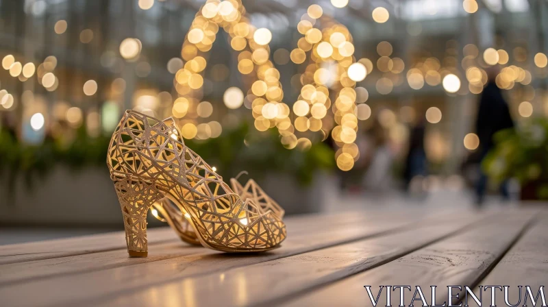 Elegant Gold High-Heeled Shoes with Lacy Pattern on Wooden Surface AI Image