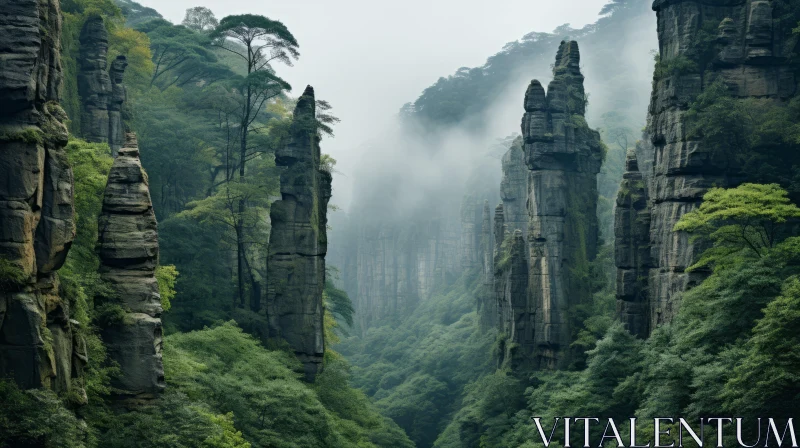 Enchanting Rock Formation Surrounded by Trees in a Mystical Fog AI Image