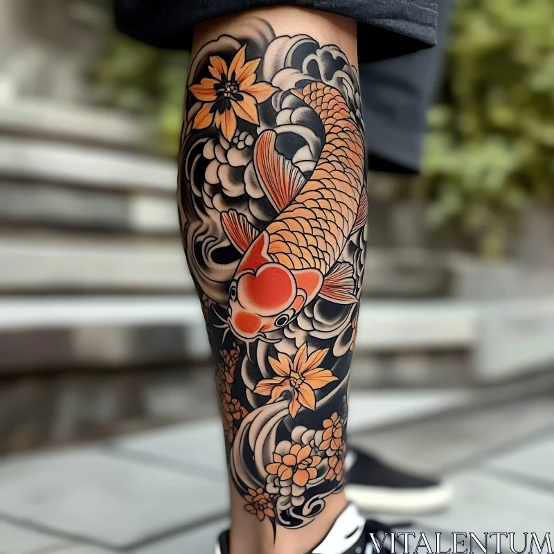 Exquisite Koi Fish Tattoo on Leg AI Image