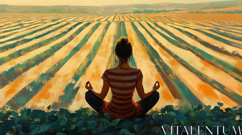 AI ART Woman Meditating in a Field at Sunset