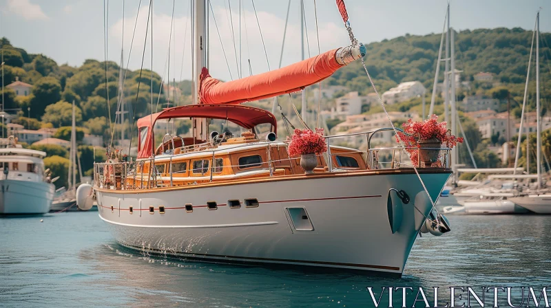 Luxurious Opulence: Captivating Wooden Sailboat in a Vibrant Port AI Image