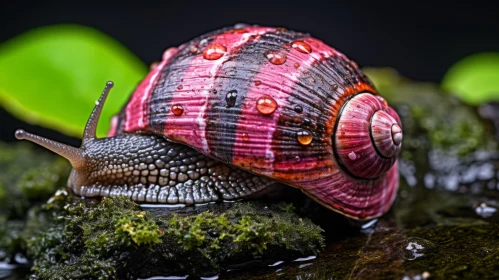 Red Snail Amidst Water Drops: A Miniature Diorama