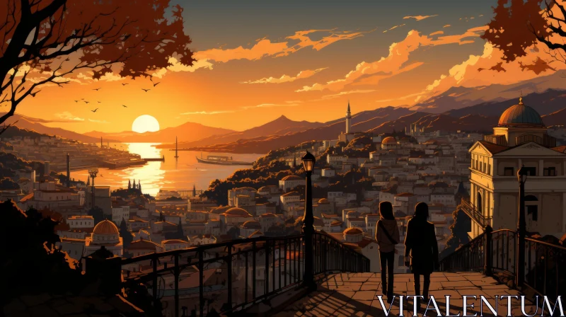 Romantic Cityscape at Sunset - A Blend of Reality and Anime Art AI Image