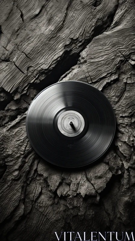 Rustic Naturalism - Black Vinyl Record on Organic Wooden Surface AI Image